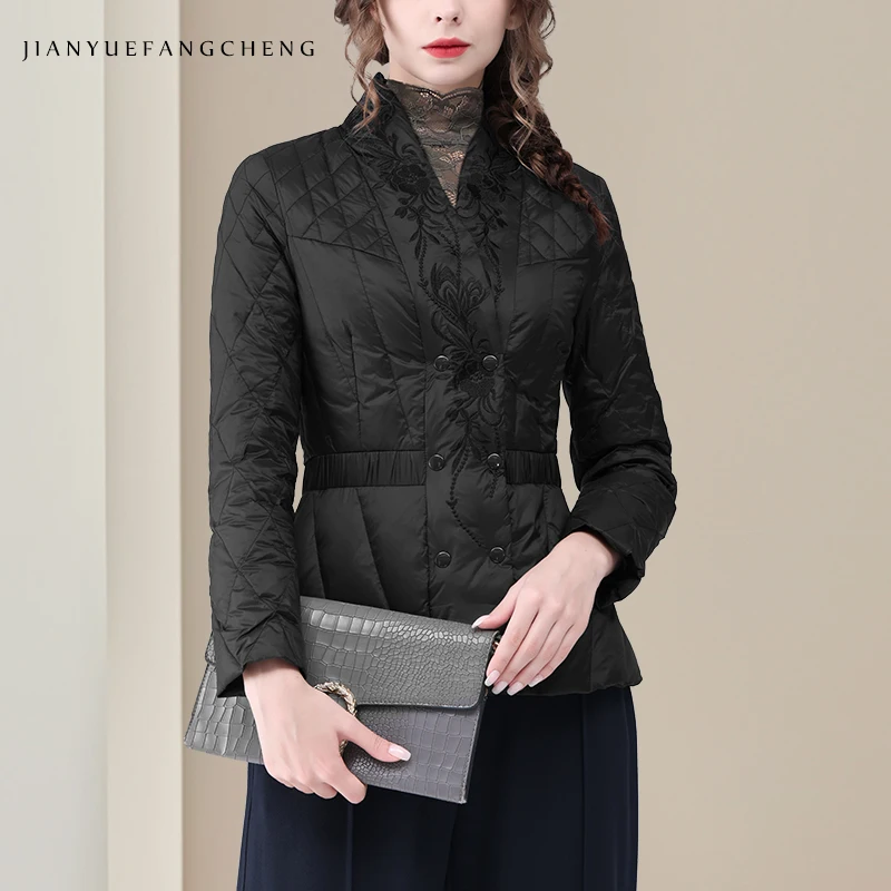 

Fashion Embroidered Down Jacket For Women Long Sleeve V-Neck Slim Short Duck Down Padded Coat Warm Lightweight Winter Tops