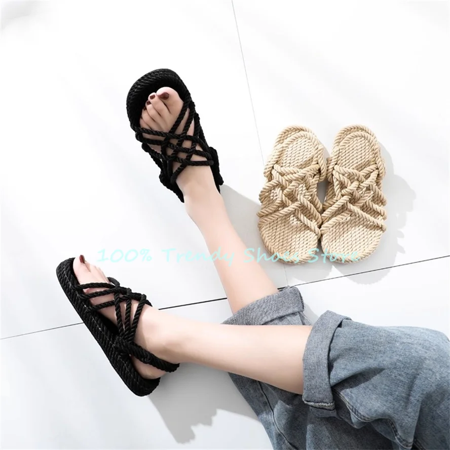 Retro Hweaving Roman Gladiator Women Sandals Summer Beach Outside Casual Shoes Peep Toe Emp Rope Cross Strap Ladies Flats