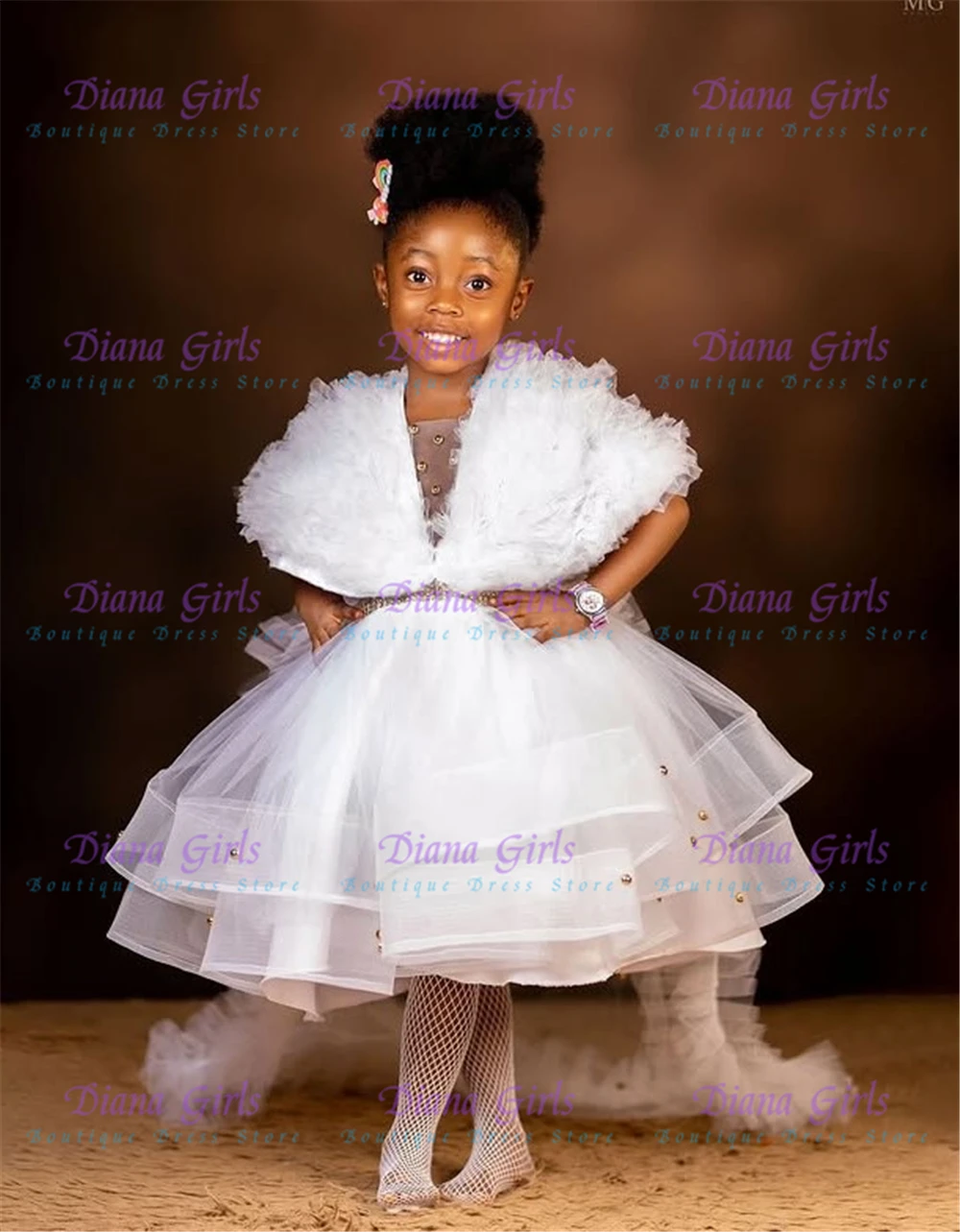 White Elegant Little Princess Girls Flower Girl Dress Tulle Fluffy Trail for Kids Wedding Birthday Party Evening Ball Gowns