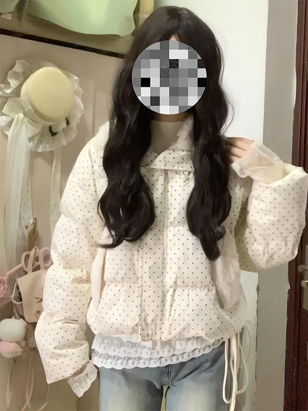 

Korean Style Polka Dot Fur Collar Thickened Short Cotton Jacket Bread Style Autumn Winter New Arrival Sweet Loose Cotton Coat