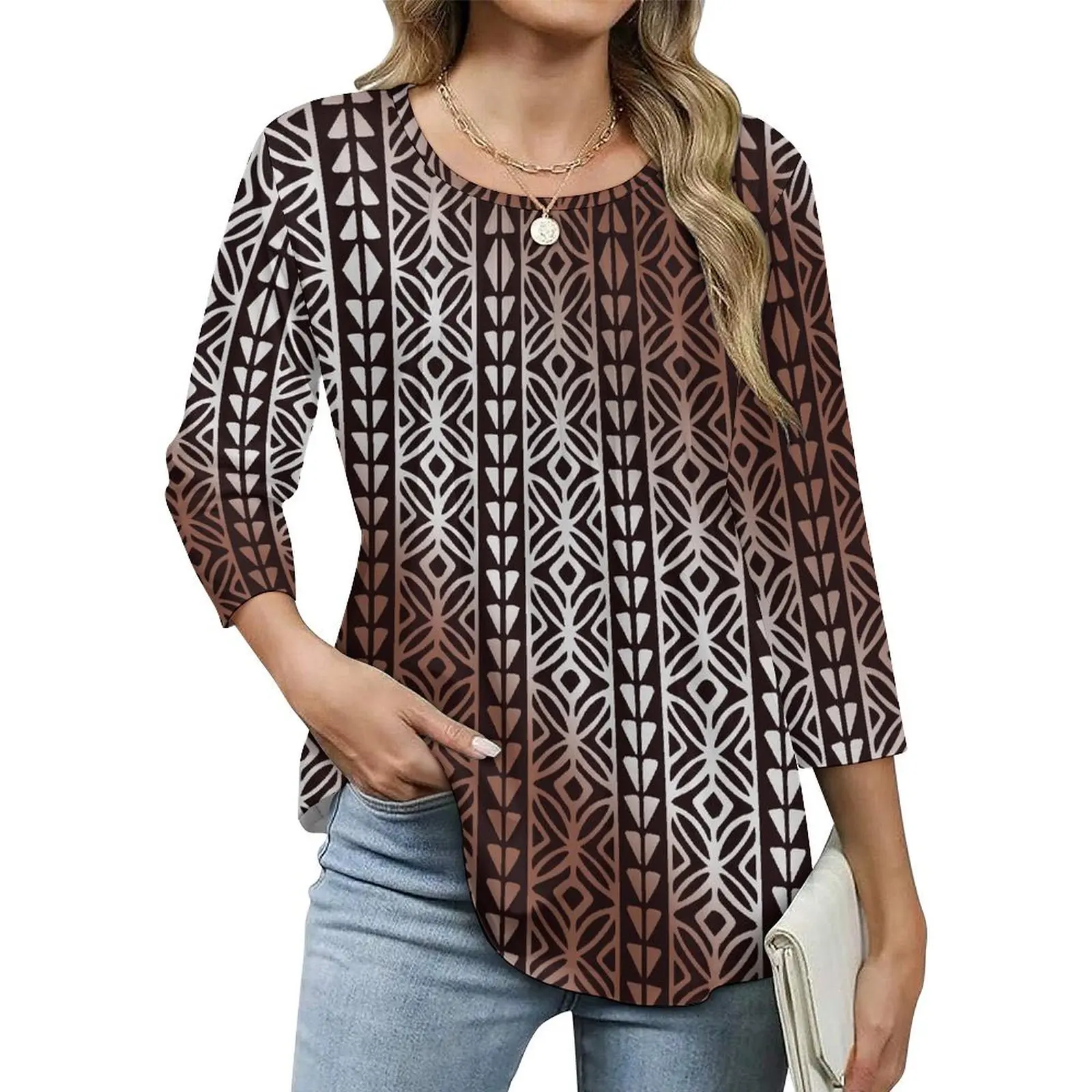 

True Size 3XL Polynesian Tribal Design Print Shirt Women Crew Neck Ruffle Tops Hawaii Chiffon Blouse