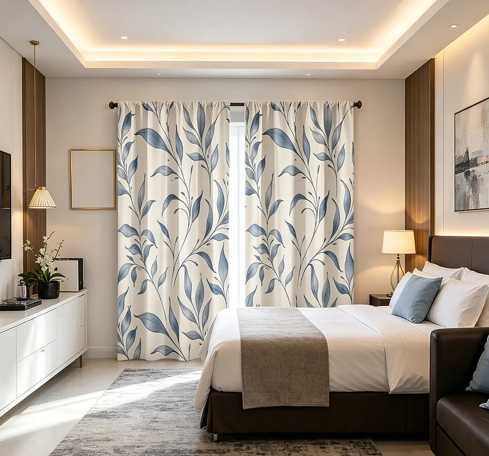 2PCS Digital Printed Curtains, Minimalist Blue Leaf Pattern, Simple Nordic Botanical Style for Living Room Bedroom Home Decor