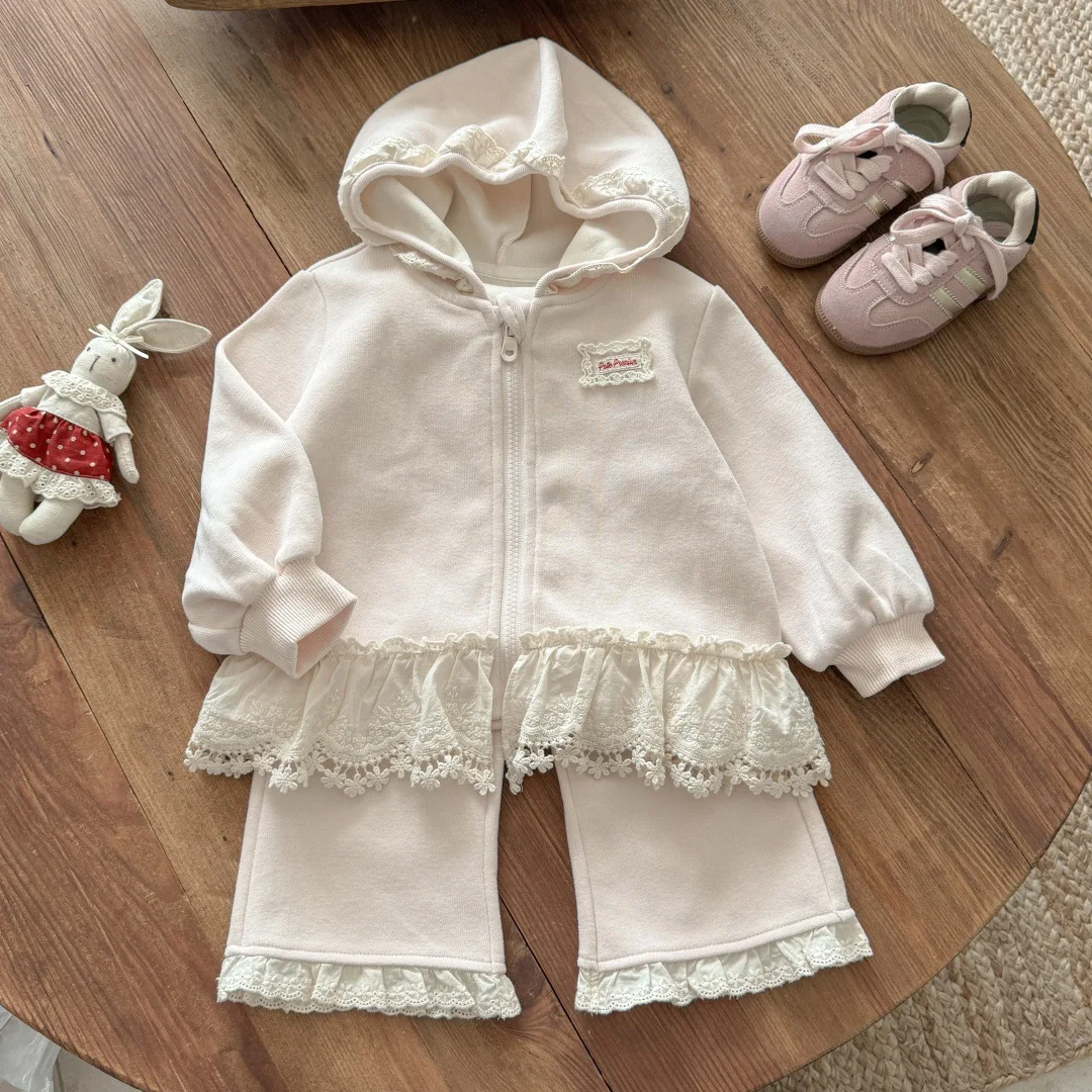 Autumn New Collection Girls' Lace Splicing Coat Hooded Cardigan Pants Two Piece Set Casual Comfortable and Sweet Children's Set