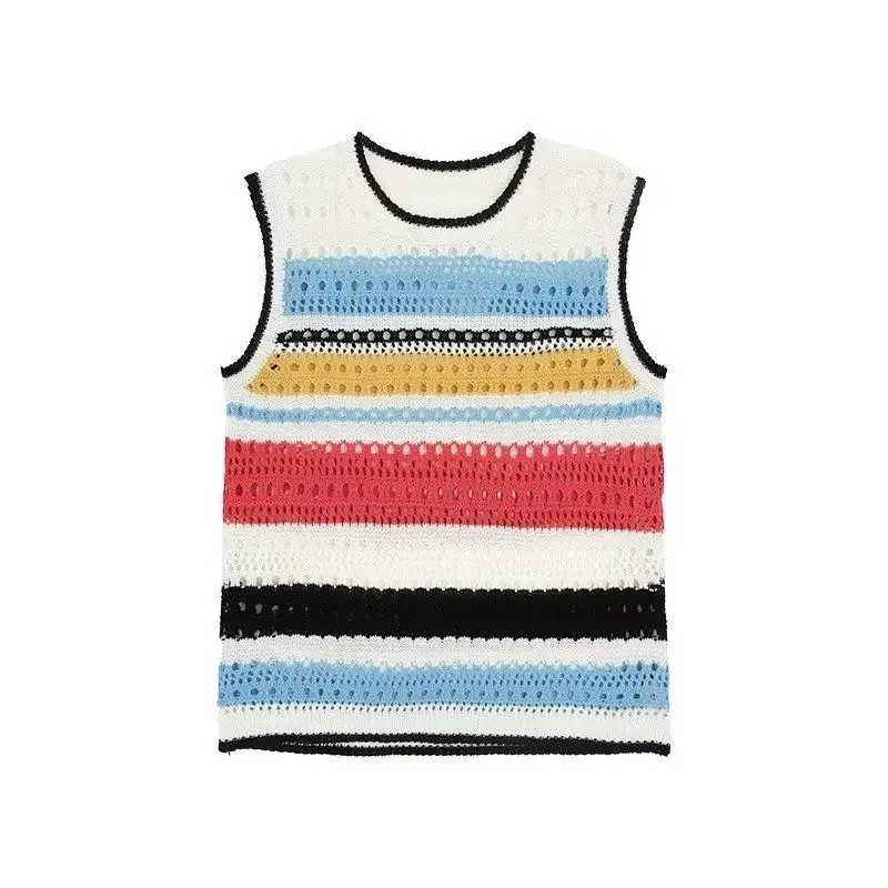 

Premium Colorful Hollow Out Knitted Vest Men's Sporty Casual Pullover Sleeveless Layered Crew Neck American Trendy Top