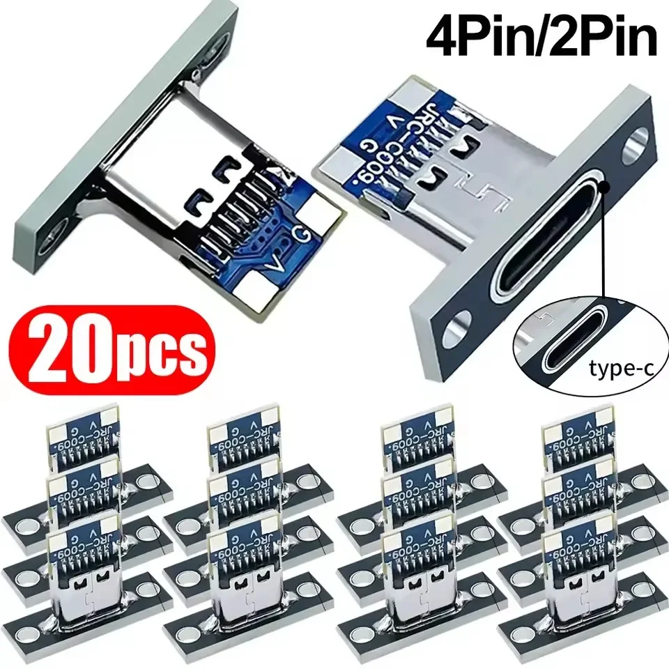 Conectores Tipo-C Fêmea USB 3.1 (5/10/20 Peças) com Porta de Carregamento de 2 e 4 Pinos e Placa de Fixação com Parafuso