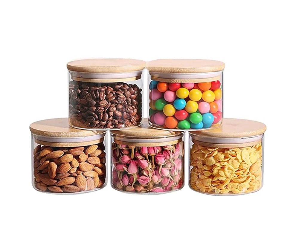 

Sealed transparent glass food storage tank with bamboo lid 5-piece set, kitchen can sugar, tea, coffee beans, flour, pasta