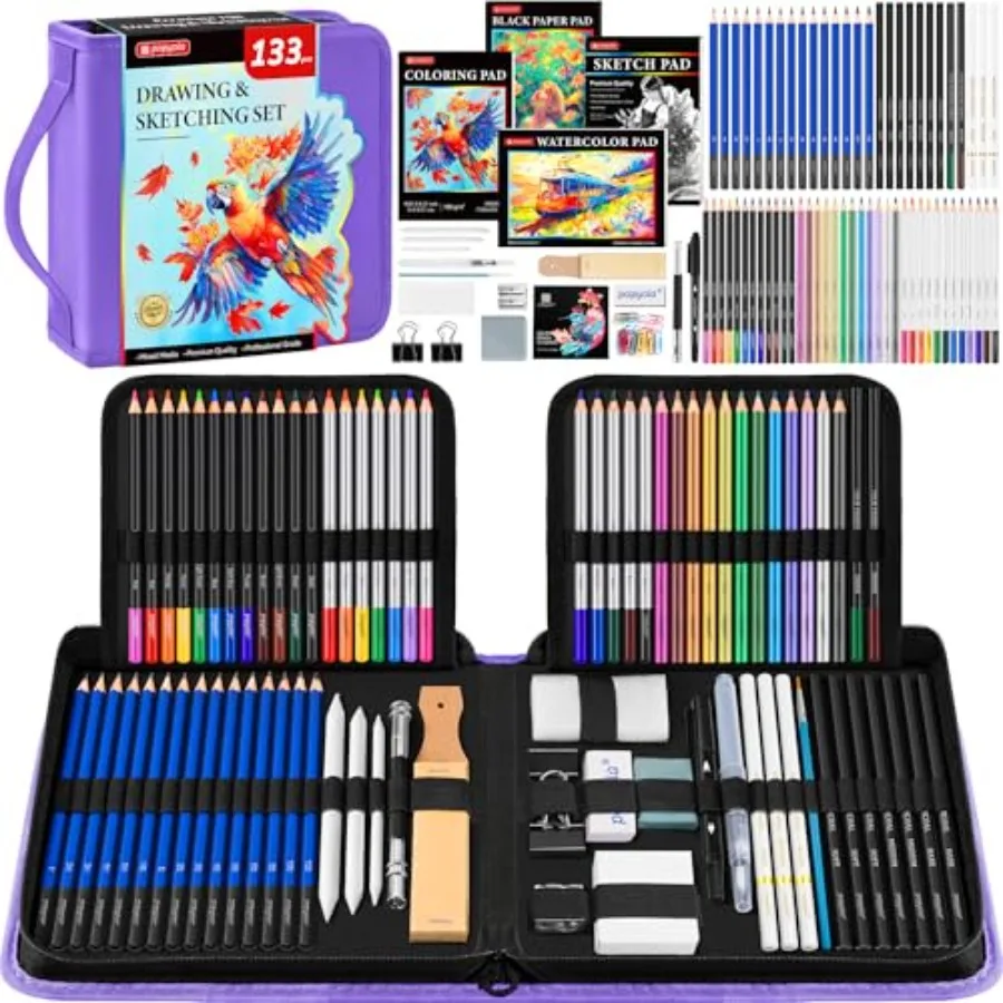 

Art Supplies Sketching Kit with Sketch Book, Coloring Book, Watercolor Pad, Paper Pad, Tutorial, Graphite Colored Charcoal Wate