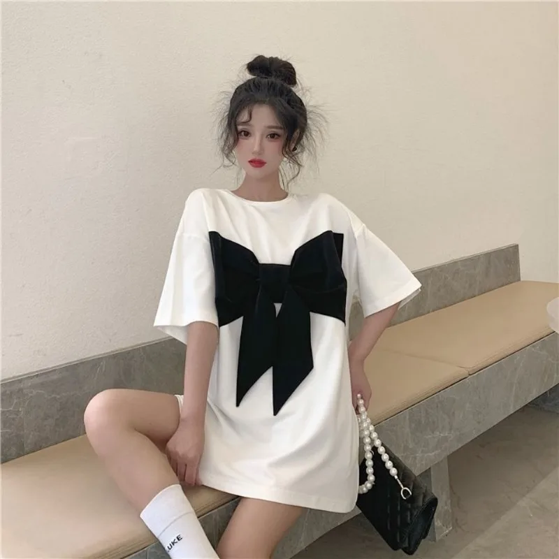 Short-sleeved T-shirts Women Summer New Niche Bow Color Collision O-neck Loose Office Lady Korean Versatile Casual Tops Female