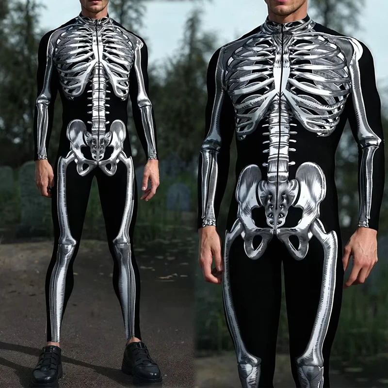 

Men Skeleton Halloween Cosplay Costume Carnival Punk Artistic Pattern Sexy Slim Jumpsuit Stage Performance Suit Bodysuit