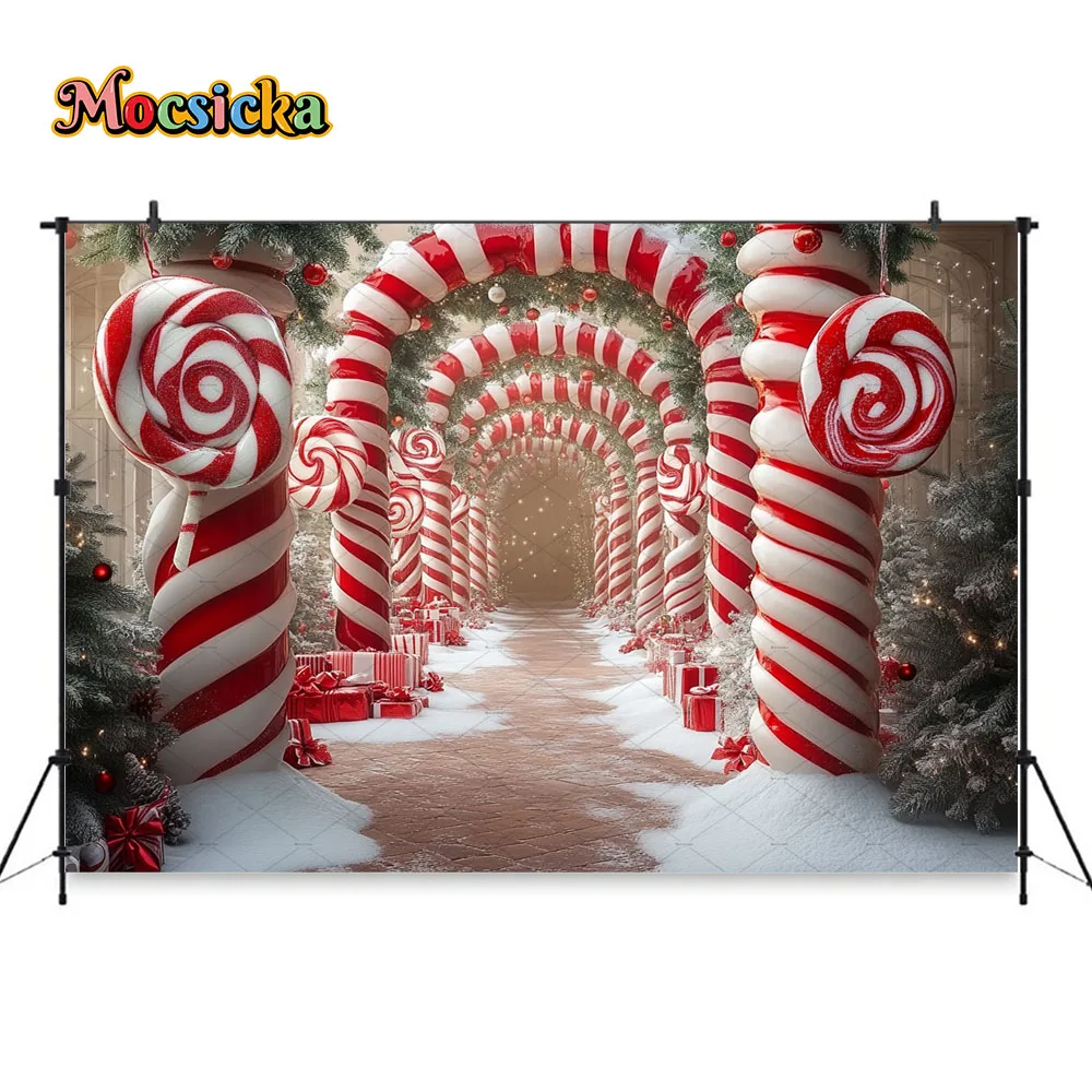 Mocsicka Christmas Candy Cane Arch Photography Background Xmas Wreath Snowy Wonderland Backdrop Winter Kid Birthday Photo Studio