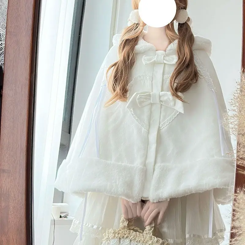 

Сладкие кавайные накидки в стиле Лолиты, пальто, женские теплые пончо с бантом и оборками, осень-зима, японская винтажная верхняя одежда, одежда