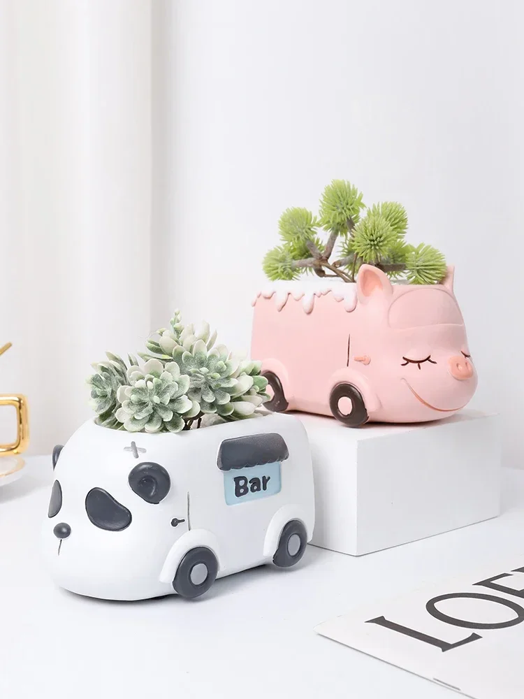 Food Truck Animal Small Plant Pot Resin Succulent Planter for Home Office Desk Mini Ornament Fairy Garden Flowerpot Decoration