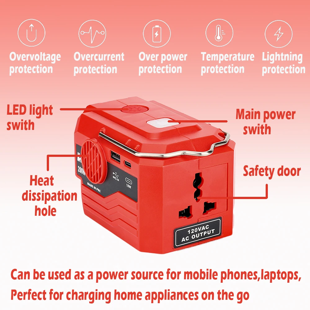 AC 220V For Makita/Ryobi/Bosch/Dewalt/Milwaukee 18V Lithium Battery Outdoor Mobile Portable Power Inverter Generator 200W