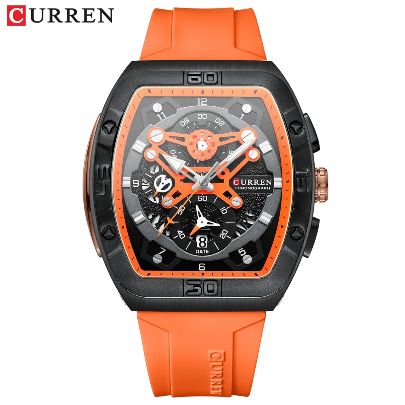 CURREN Brand Unique Tonneau Watches with Large Dial Casual Quartz Silicone Strap Wrist Watches with Luminous 8443