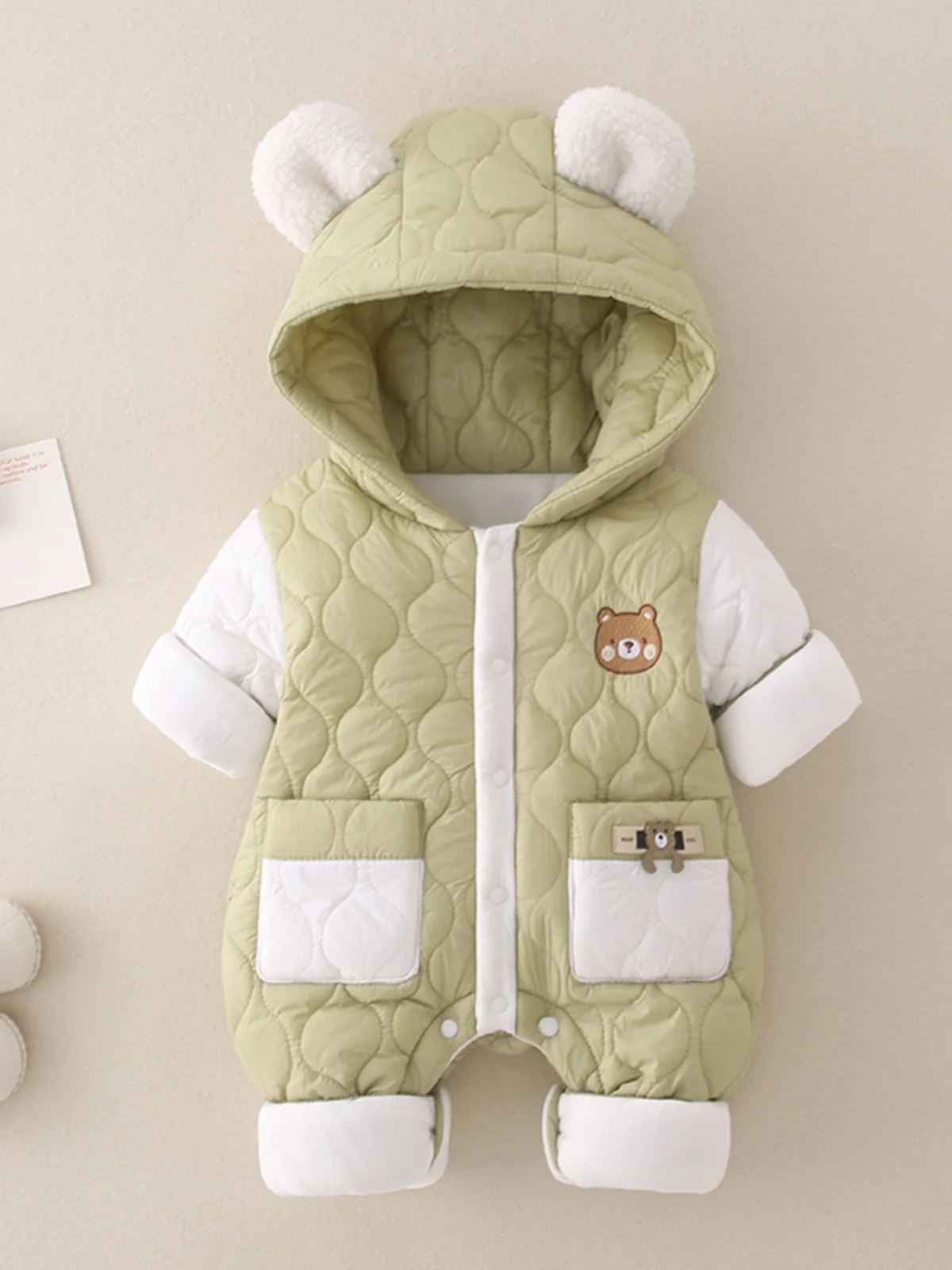 

Thiened Winter Rer with Hat for Newborn Babies Fce Lined Toddler Clothes Cotton Long Sve Button Closure Outfit