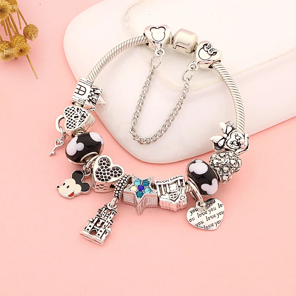 Silver Color Heart Key Castle Bead Pendant Bracelet Cartoon Mickey Minnie Charms Jewelry for Fashion Jewelry Gift