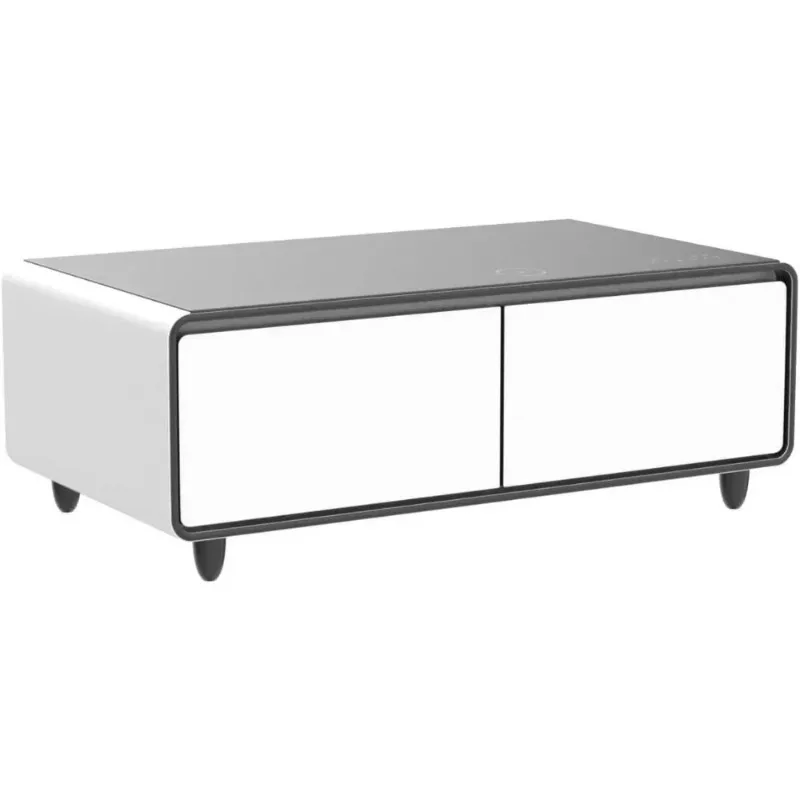 Room Table with Built in Fridge and Speakers, Smart Table with 15W Wireless Charging, USB Chargers and 110V Outlets