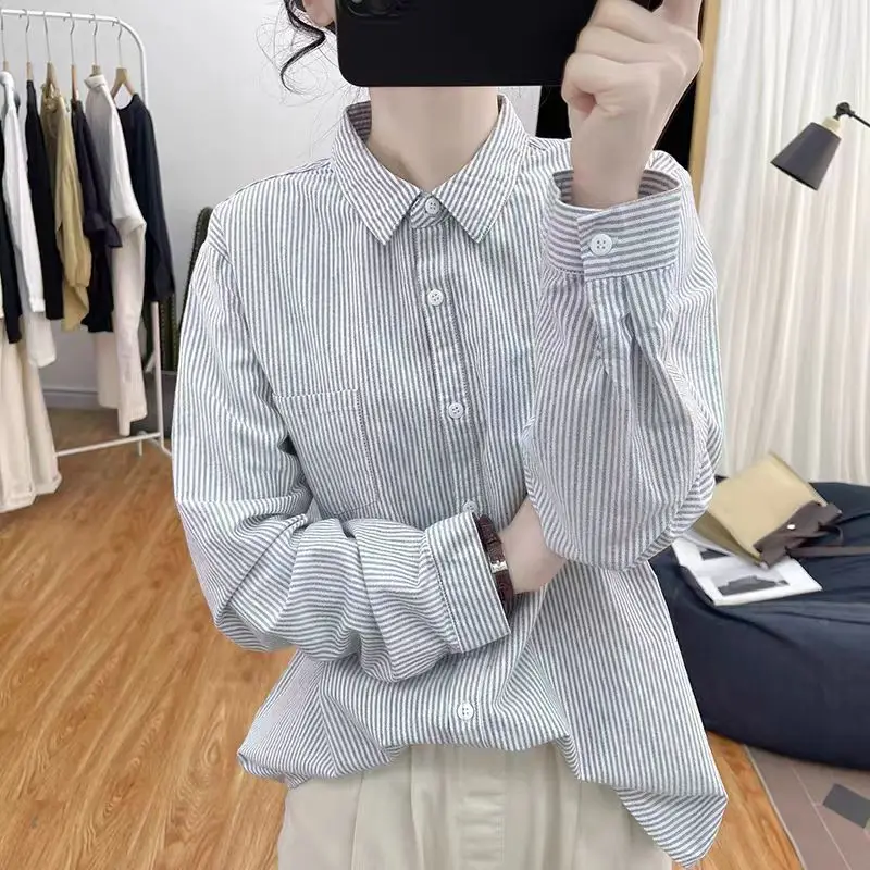 

Autumn Fashion Collar Striped Long Sleeve Women's Shirt Vintage Anti-aging Base Layer Cotton Original Design Breathable
