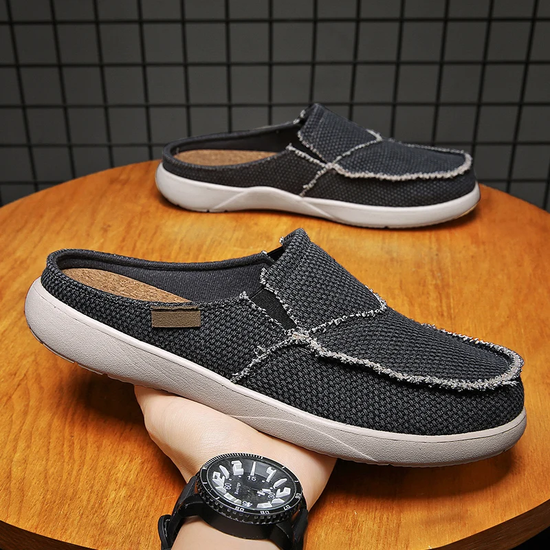 Canvas Slip On Half Shoes For Men 2022 Casual Slippers For Summer Free Shipping Breathable Lightweight Big Size 47 Zapatillas