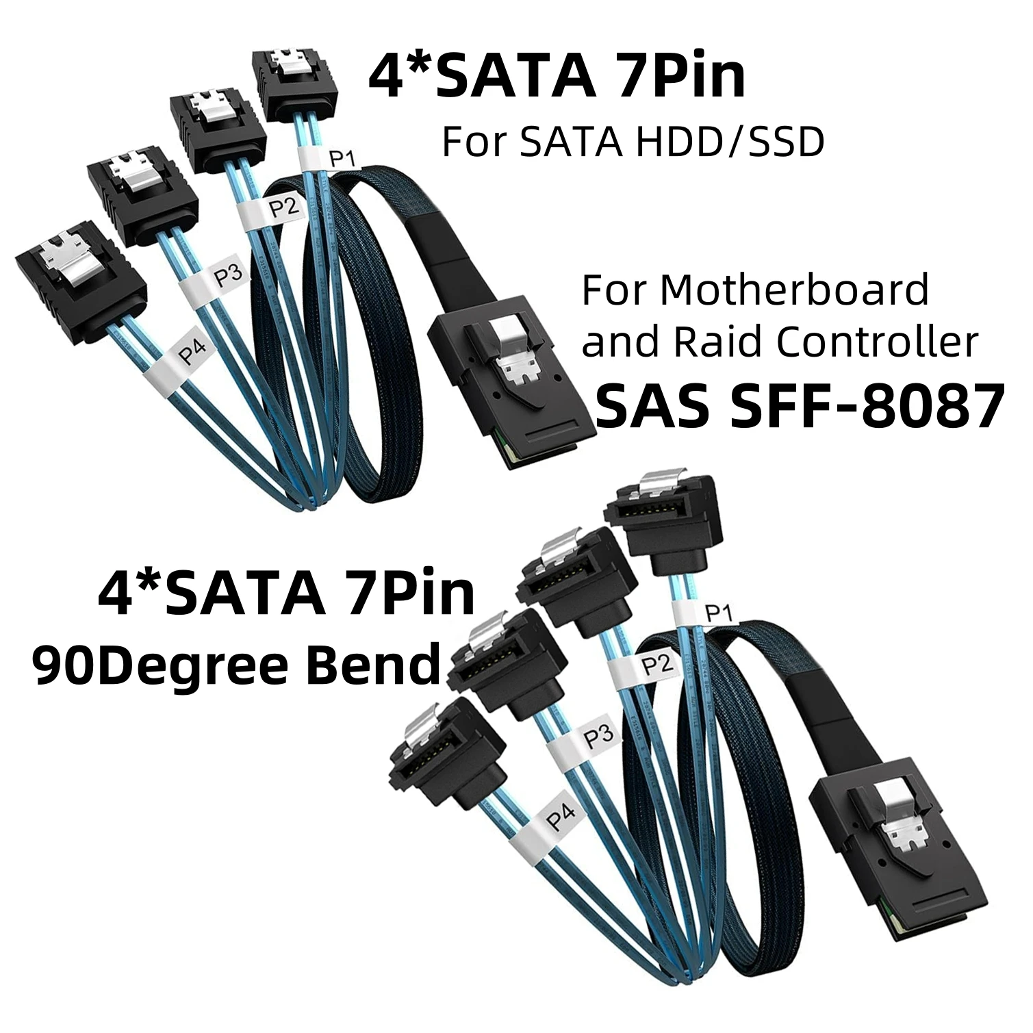 Internal Mini SAS SFF-8087 to 4 SATA 7Pin Cable with Latching Connector 6Gbps 90 Degree Angle for Server SSD HDD RAID Controller