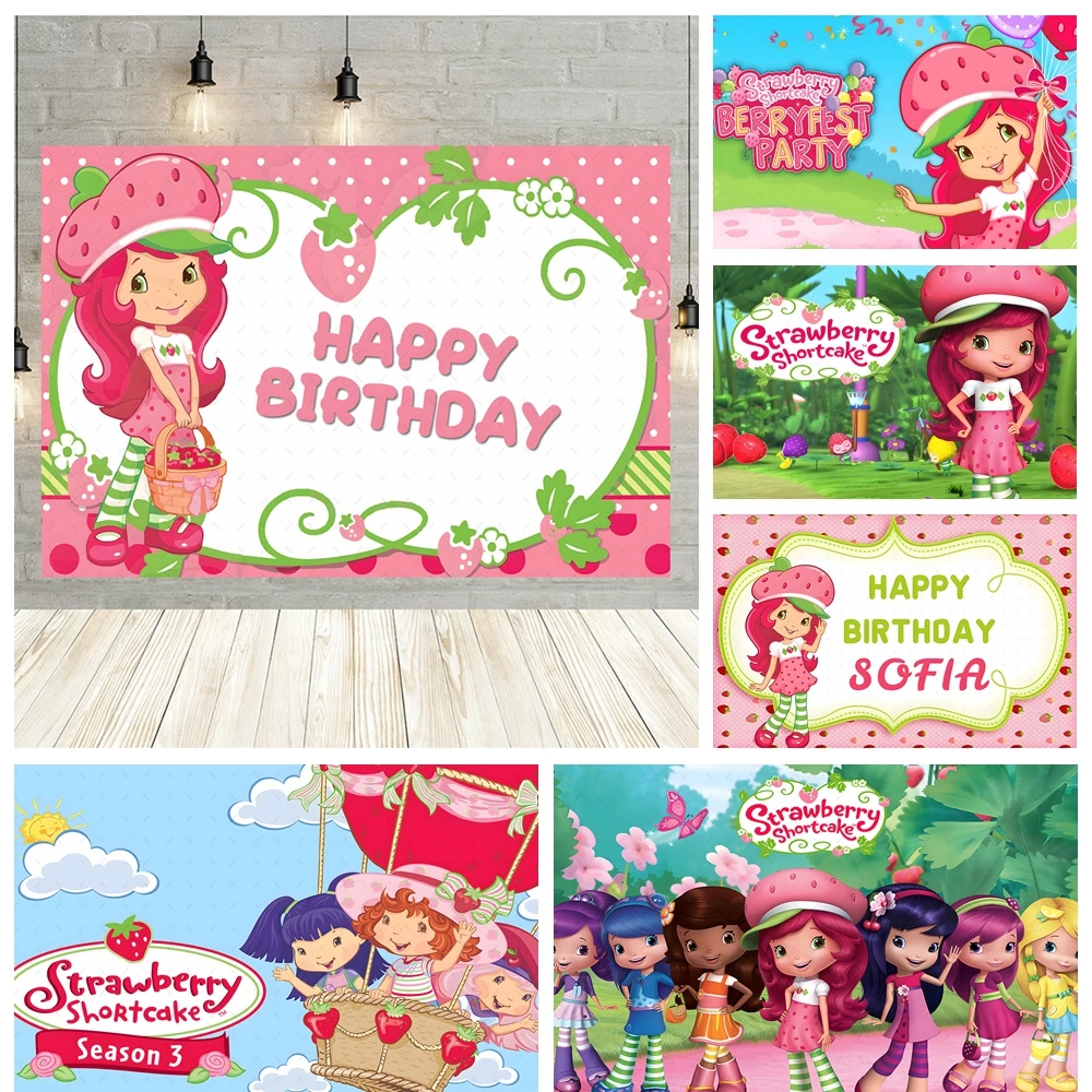 

Cartoon Cute Sstrawberry Girls Birthday Party Banner Backdrop Custom Children Room Photography Studio Wall Decoration Backdrops