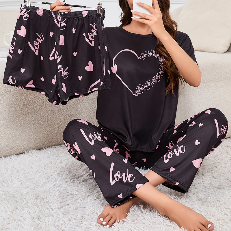 Women\'s 3 Piece Pajama Set Sleepwear Loungewear Pj Sets Autumn Heart-Shaped Print Tee Top & Shorts and Pants Home Clothes Pyjama