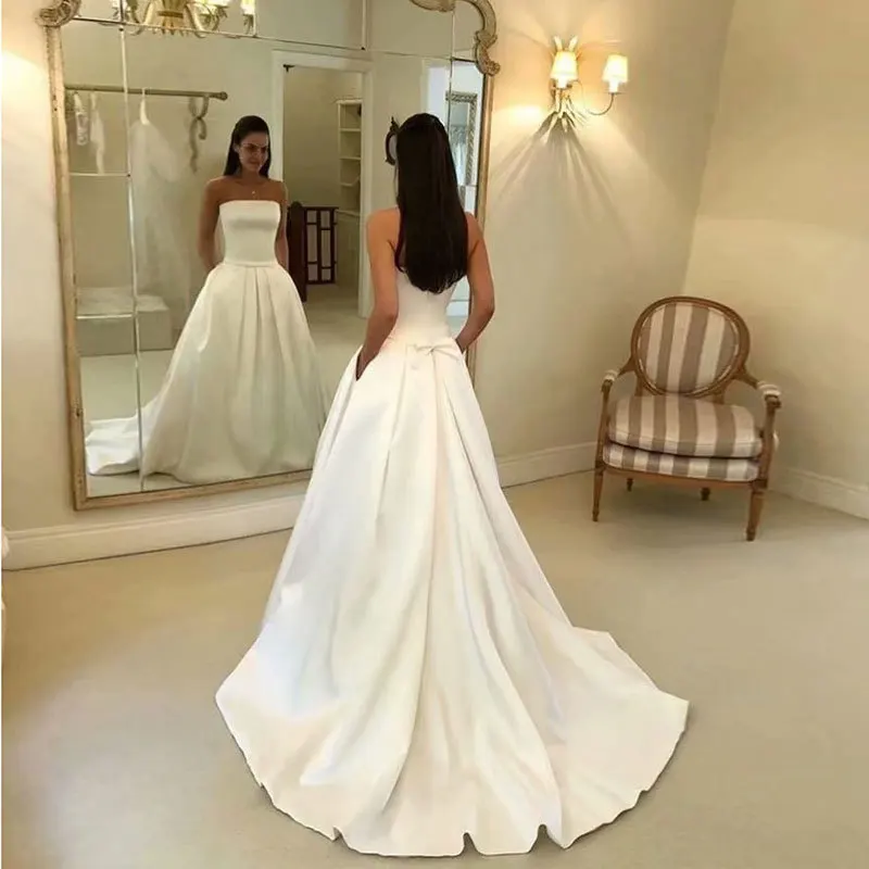 Customized Boat Neck Satin Women Wedding Dresses Court Train Simple Bridal Gowns Vestido De Noiva robe de mariée Abendkleider