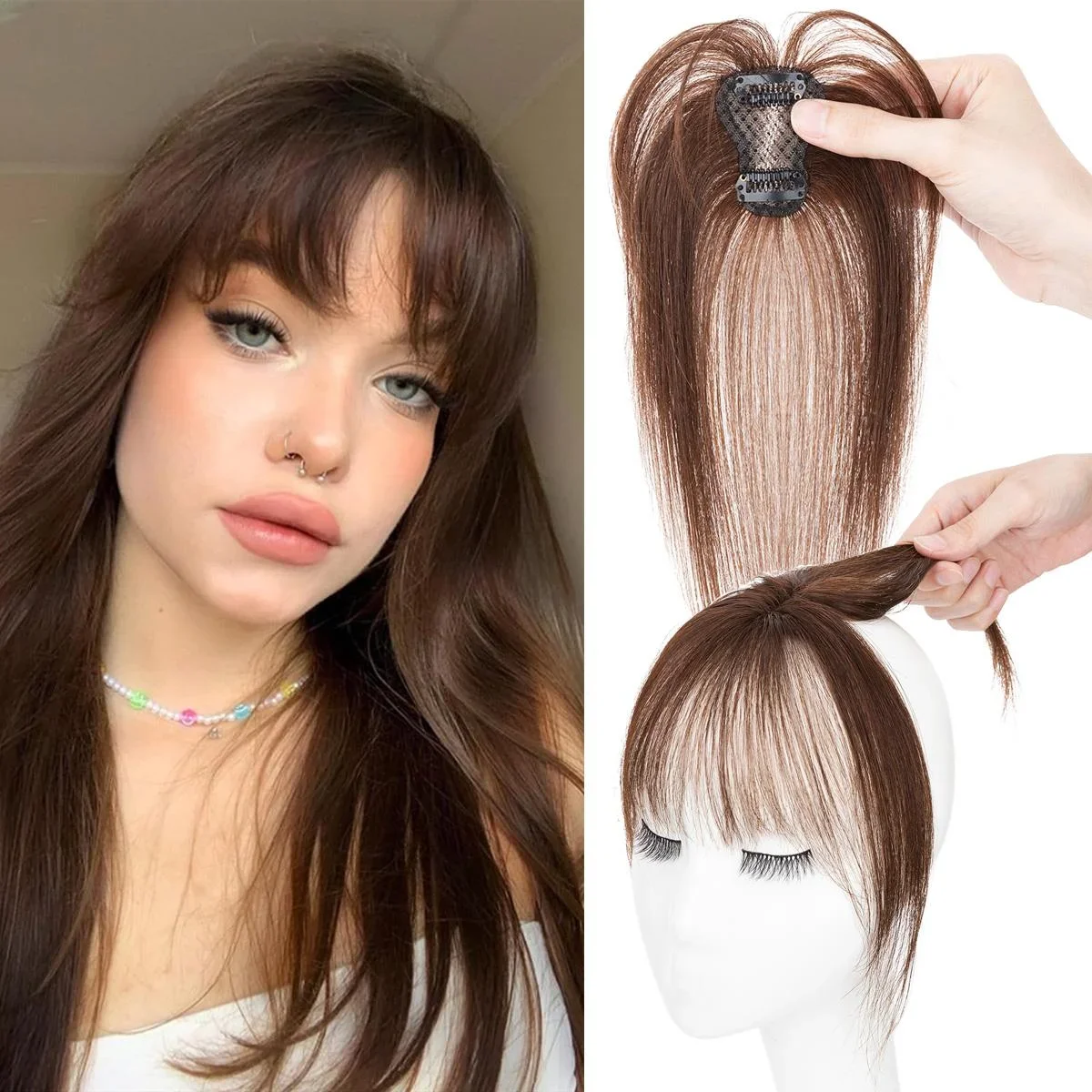 PROKYVITY  10g 3D Human Hair Bangs Natural Remy Clip-In Fringe Extensions with Temples Invisible Hair Bangs Clips for Women