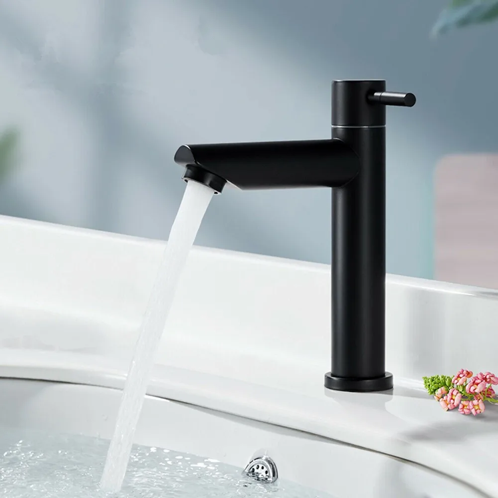 Black Basin Faucet Stainless Steel Bathroom Water Faucet Single Cold Deck Mounted Basin Sink Water Taps Bathroom Accessories