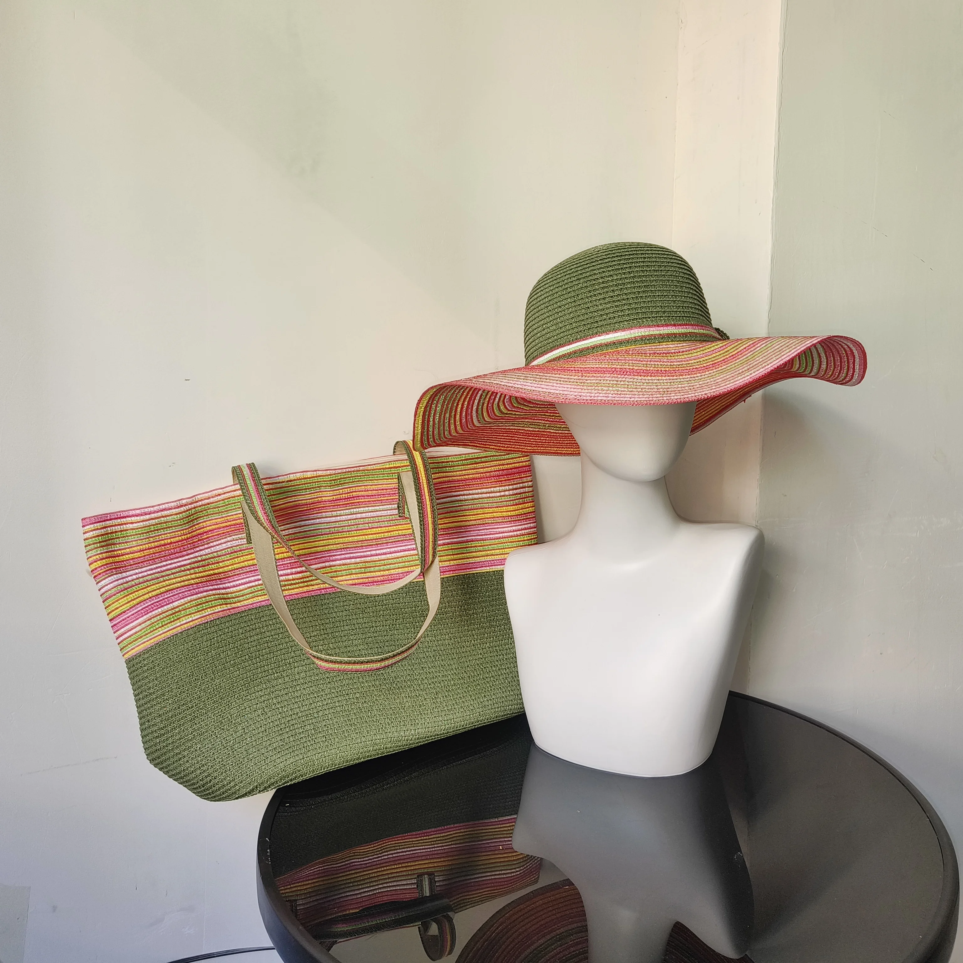 Sombrero de paja de ala ancha a rayas para mujer, conjunto de sombrero tejido a mano, bolsa de cubo, playa, vacaciones, protección solar, nuevo color