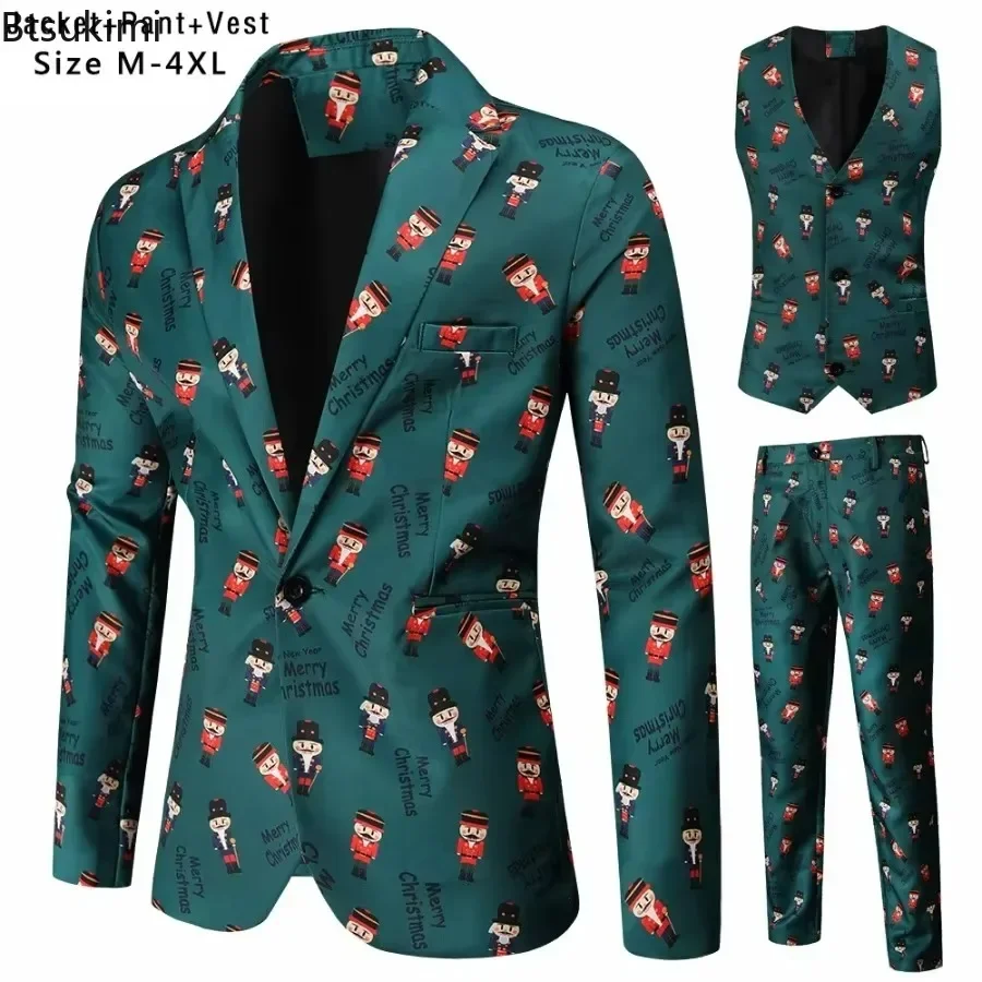 2024 Christmas Suits for Men Funny 3D Print Single-Button 3 Pieces Blazer Sets With Vest Trousers Fashion Casual Men's Clothing