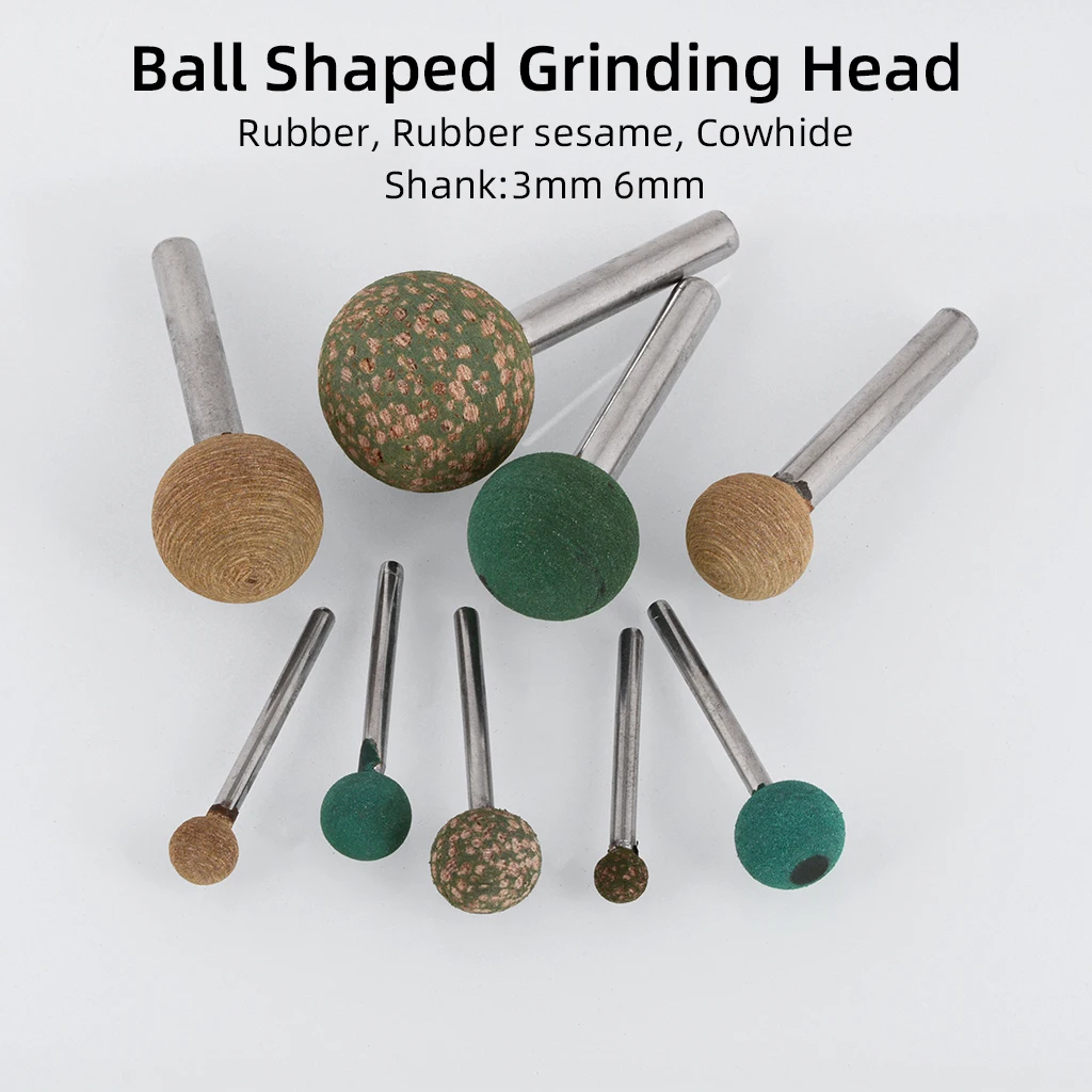 

5PCS 3-6mm Shaft Mounted Rubber Cowhide Point Abrasive Grinding Ball Head For Mold Polishing Rotary Power Tools