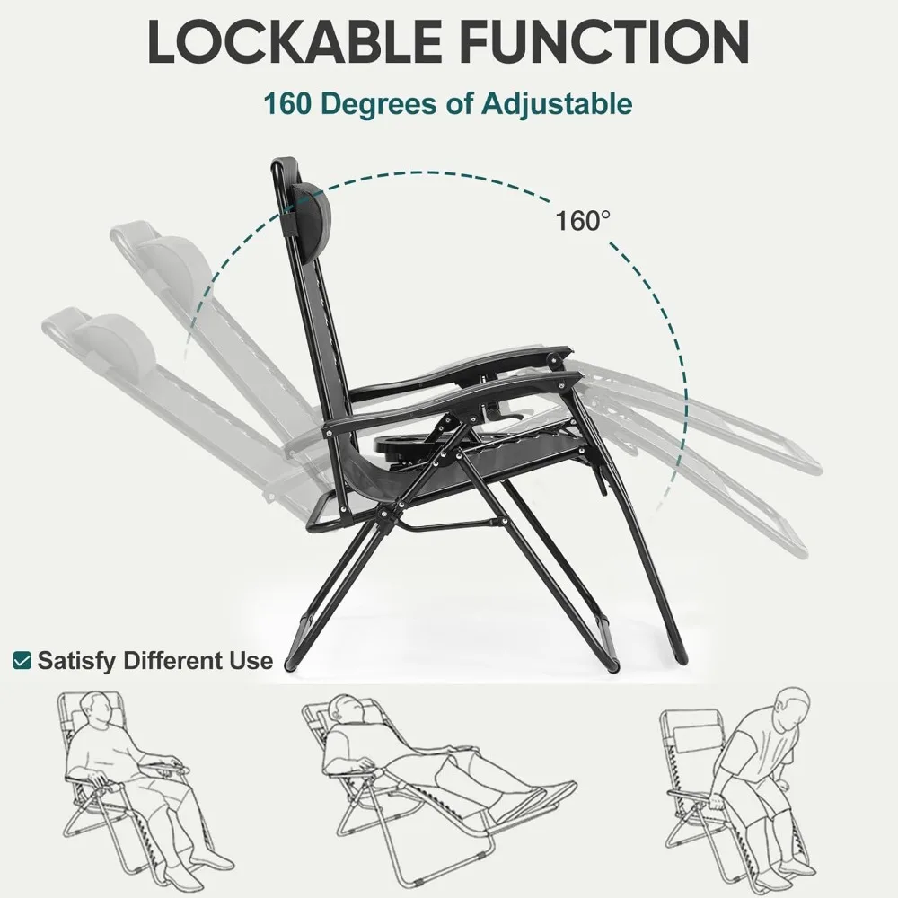 Set di poltrone lounge pieghevoli portatili a gravità zero per esterni, confezione da 2 sedie da campeggio reclinabili con cuscino regolabile e portabicchieri
