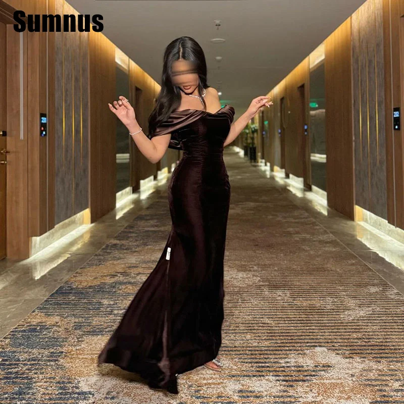 

SUMNUS Elegant Velour Off The Shoulder Evening Prom Gowns Simple Sleeveless Mermaid Party Dresses Floor Length Dress Customized