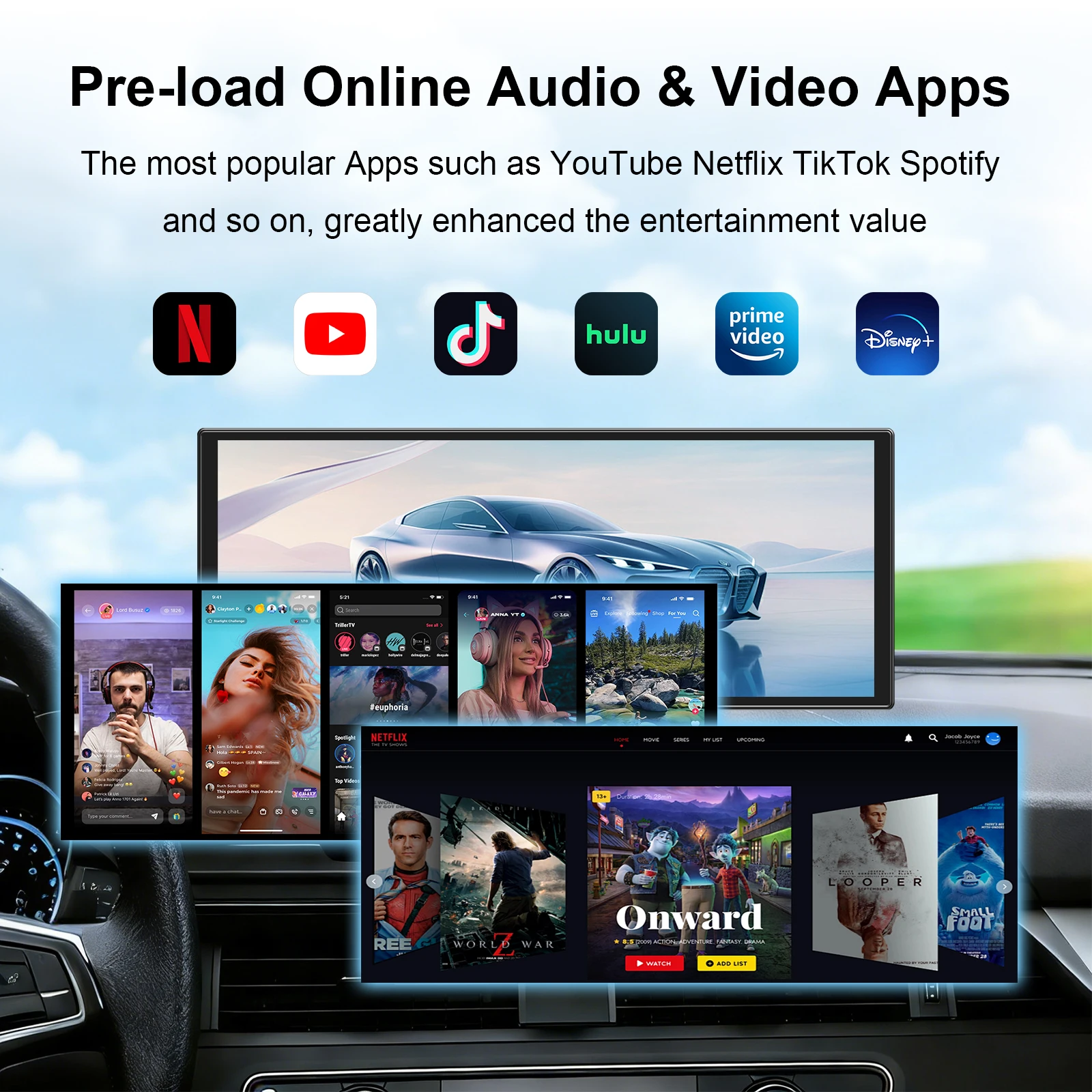 11.6 inch In-cell Touchscreen Portable CarPlay Screen with Wireless CarPlay Android Auto Pre-load Online Video and Audio Apps