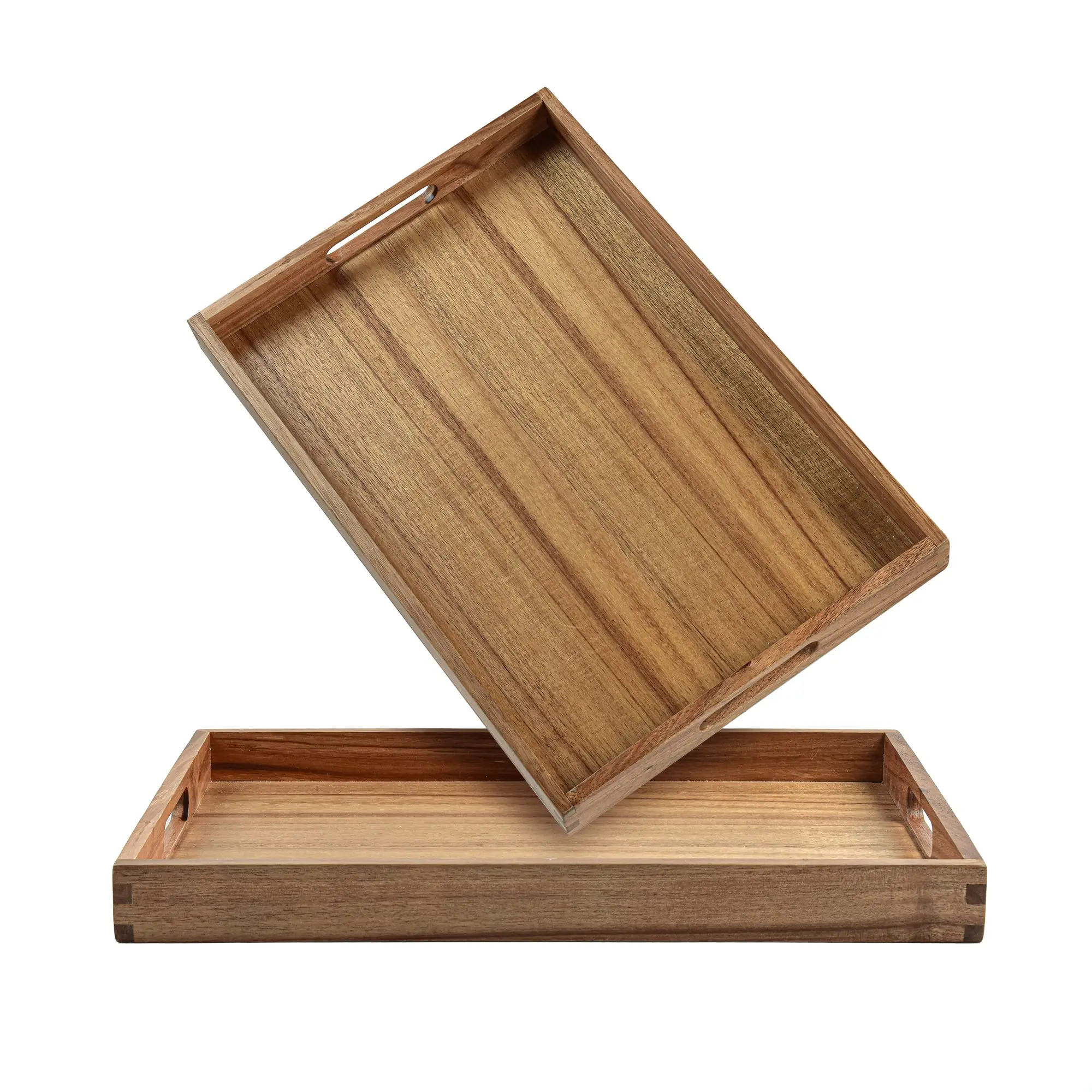 Acacia Wood Coffee Table Tray Set of 2 with Cutout Handles 17 Inch Rectangular Ottoman Serving Platters for Living Room Decor