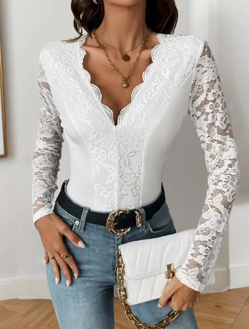 

Bodysuit Women 2025 Spring Summer New Solid Color Long Sleeved V-Neck Lace Sexy Perspective Back Lace-Up Slim Bodysuit Y2K Top