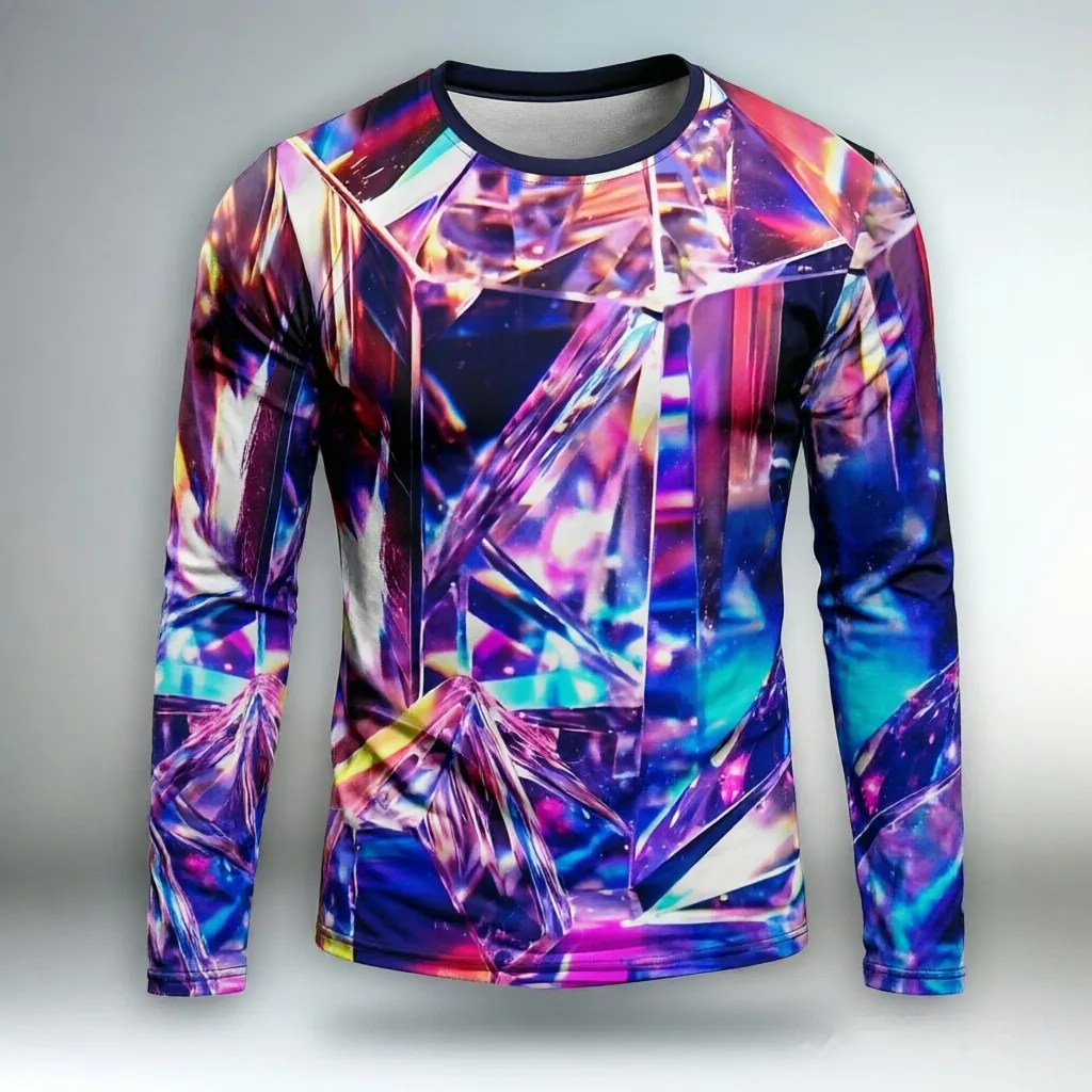 Men Long Sleeve T-Shirt Colorful Crystal Light Line Abstract Print Crew Neck Casual Street Tops