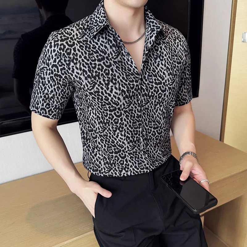 

Летняя новинка: мужская рубашка с коротким рукавом, леопардовый принт, плиссированная, модная, повседневная, синяя, не требующая глажки