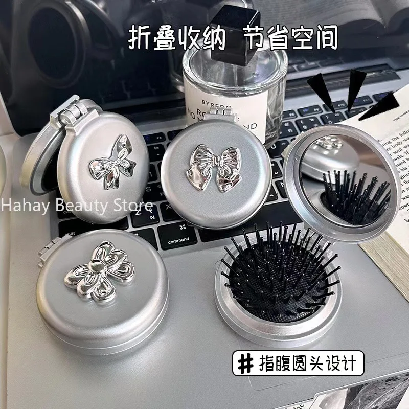 

2 in 1 Cute Bow Hair Brush and Mirror Foldable Portable Compact Travel Styling Tool Gift for Women Girls