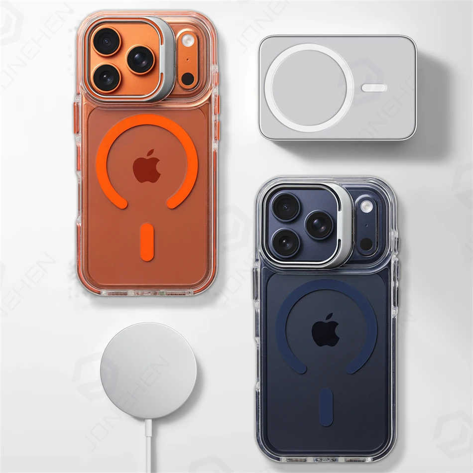 Magnetyczne przezroczyste etui Magsafe Hit Frame do iPhone Air 17 18 Pro Max 16 15 14 Pro z metalowym uchwytem i podstawką, odporne na upadki. — zdjęcie produktu 5