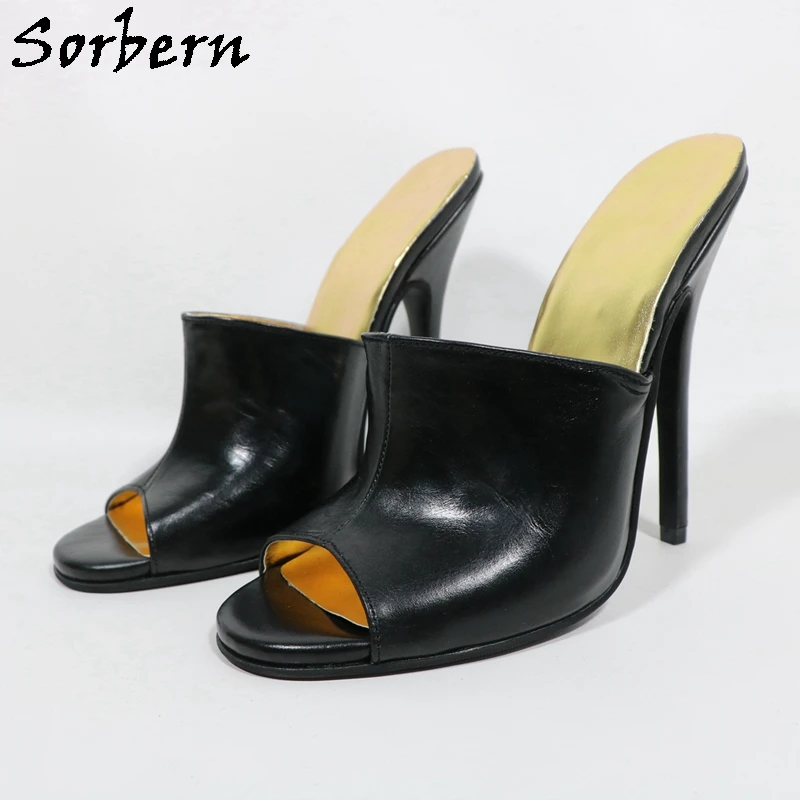 Sorbern 14Cm Genuine Leather Slippers Women Stilettos High Heels Round Toe Open Mules Slides Summer Shoes Slip On Custom Colors