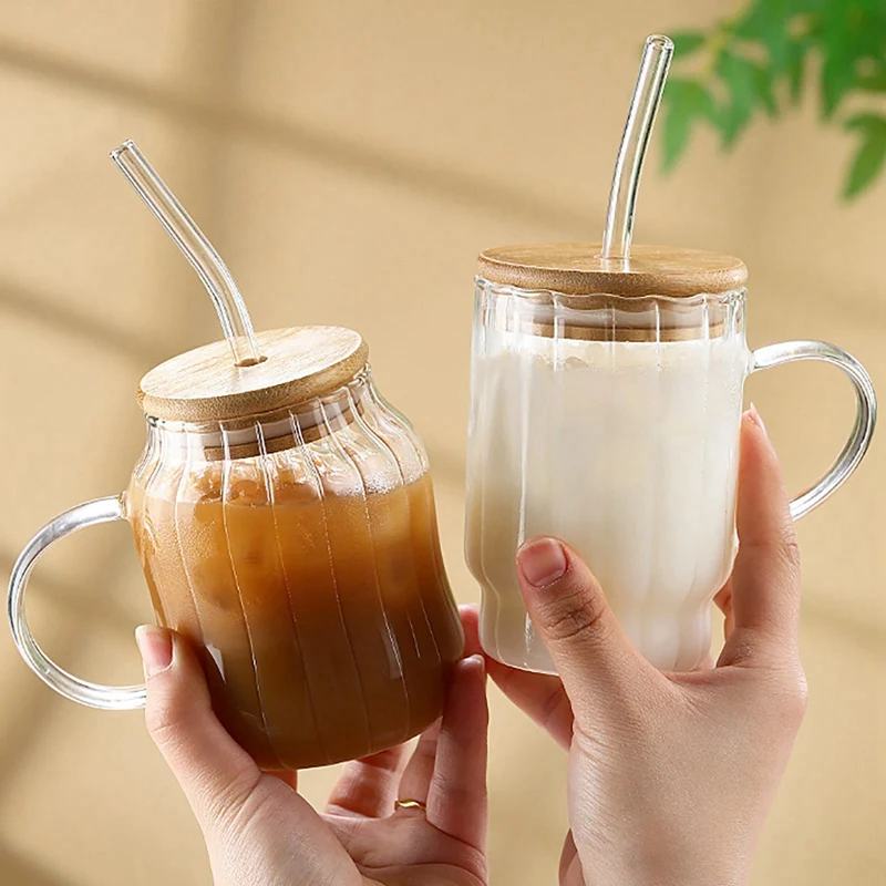 15/20oz Glass Cup with Handle Glass Tumbler with Lid and Straws Drinking Glasses Water Cup for Iced Coffee Tea Juice Beverage