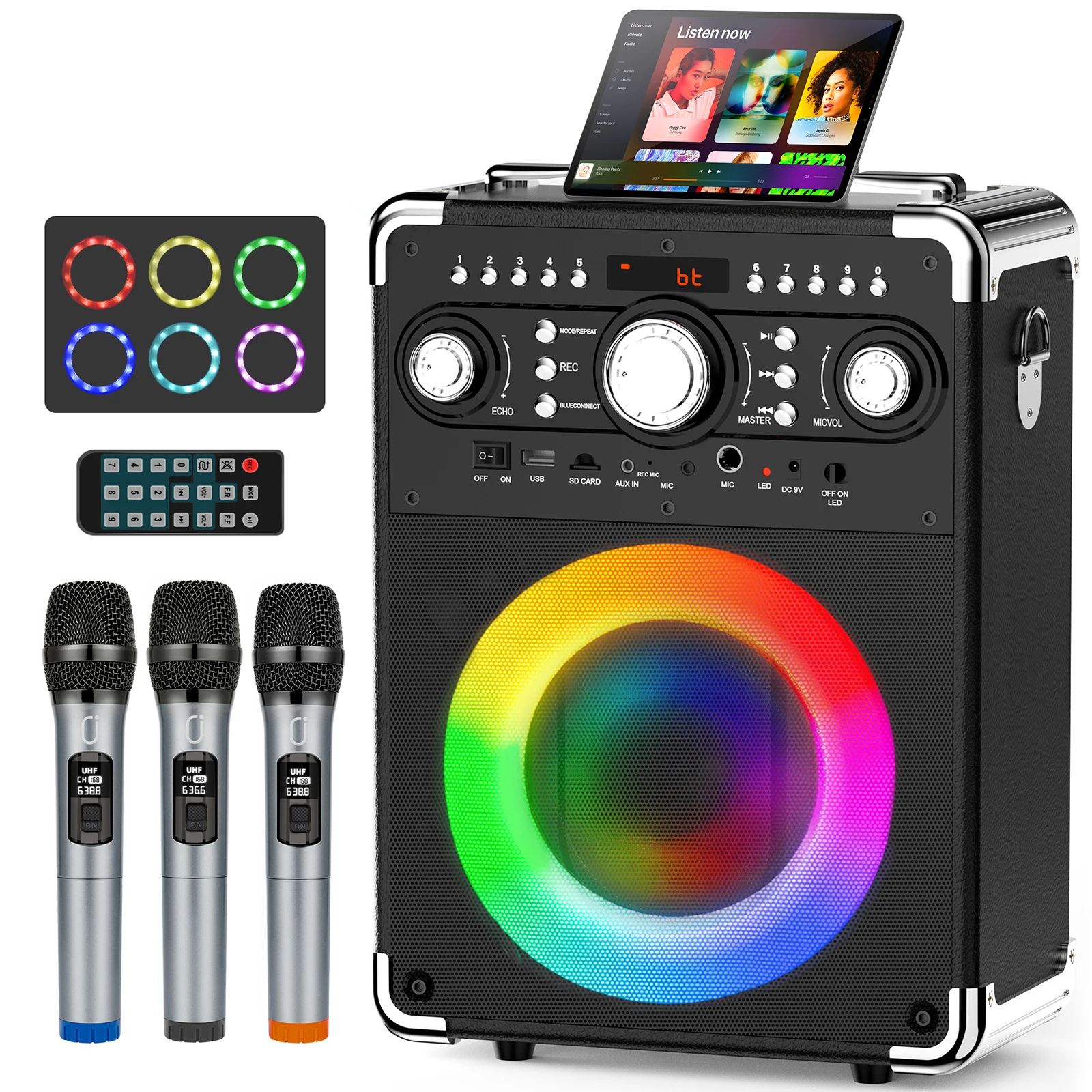 S8-T Karaoke-Maschine mit 3 kabellosen Mikrofonen für Erwachsene, Singing Machine unterstützt TWS/USB/TF-Karte/Gitarre/TV verbunden