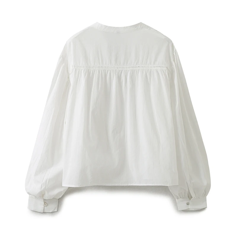 YENKYE Spring 2024 Women Ruffled Lace Insert White Shirt Vintage Puff Sleeve V Neck Female Streetwear Oversize Blouse