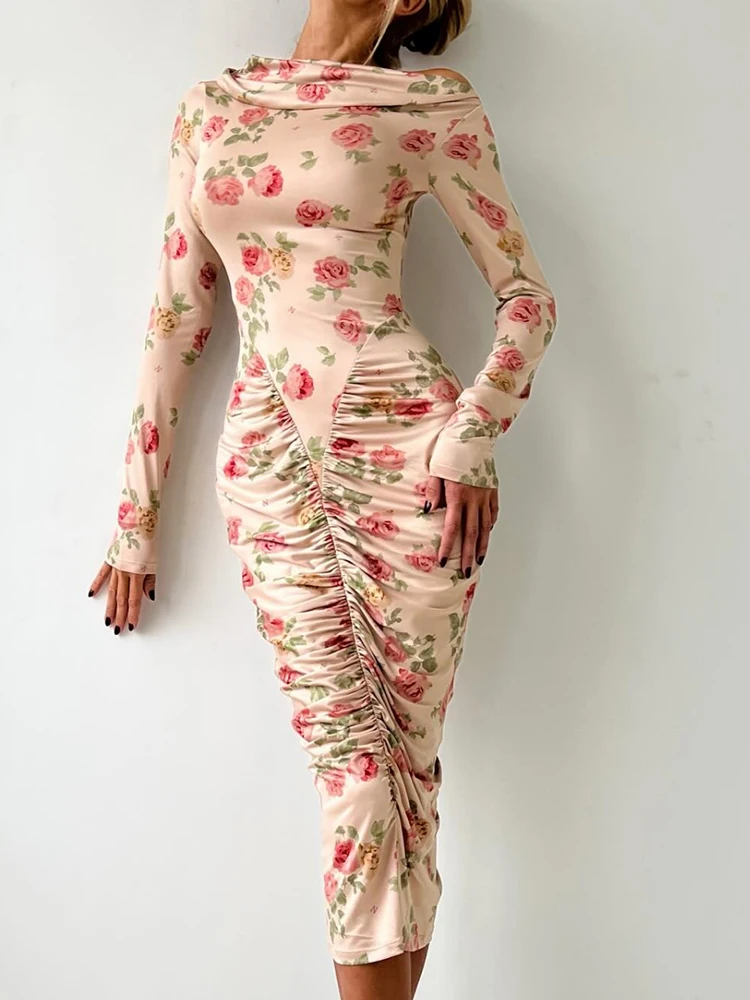 Cutenew Elegant Rose Print Dress Women Sexy Chic Peach Buttocks Slash Neck Full Sleeve Vacation Birthday Stretch Skinny Bodycon