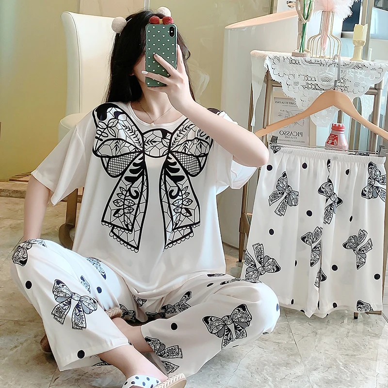 High Quality Silk Pajamas Set Women's Short Sleeve Trousers 3 Piece Ice Silk Pajamas Fashion Ladies Loose Casual Luxury Homewear