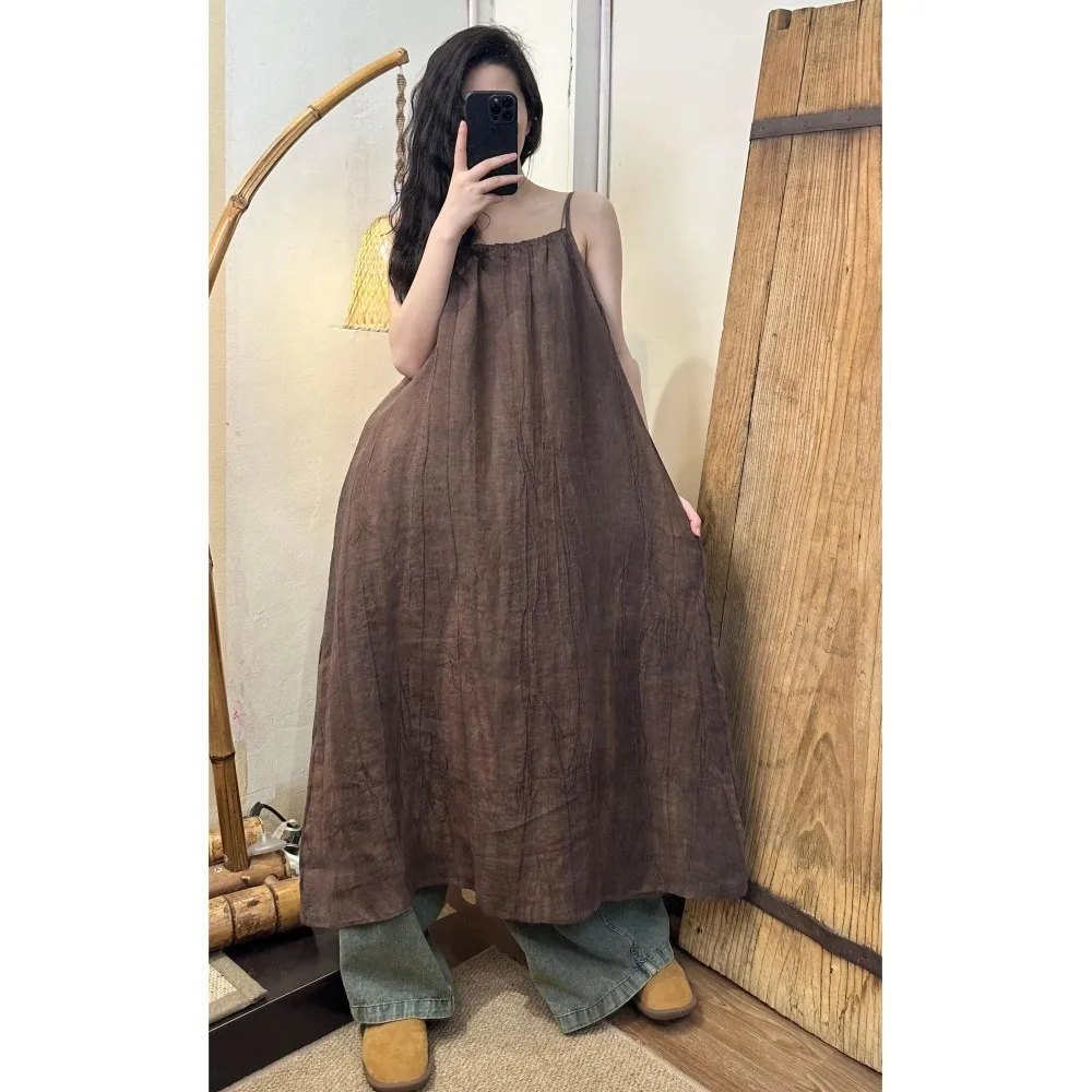 

2024 Summer New Niche Tie Dyed Linen Suspender Dress Women Camisole Dress LX1971