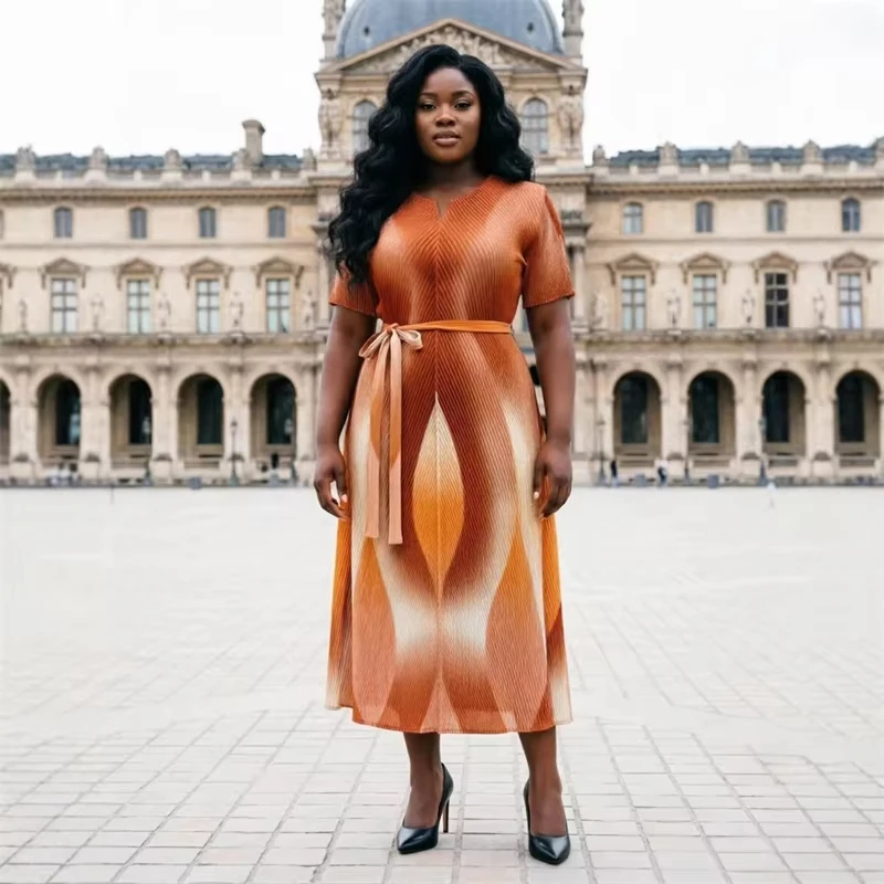 ANLAN Fashion Orange Geometric Gradient Pleated Midi Dress Elegant Belted Short Sleeve Miyaki Dresses 2026 Summer New 1AN5871
