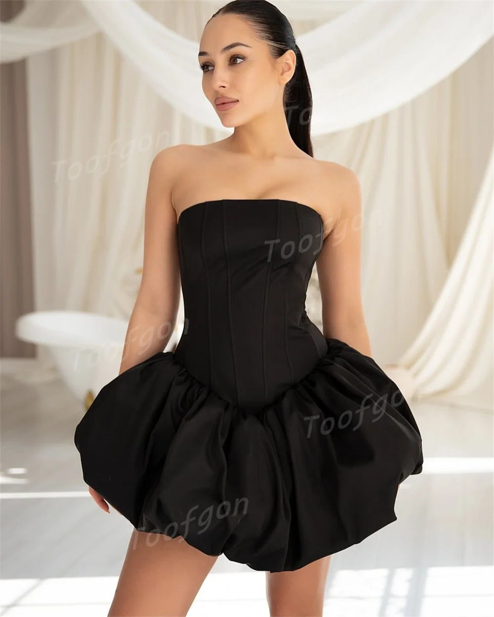 Toofgon بسيط ألف خط الساتان فساتين حفلة موسيقية قصيرة مخصصة نفخة تنورة مناسبة رسمية حفلة العودة للوطن ثوب فتاة الرقص
